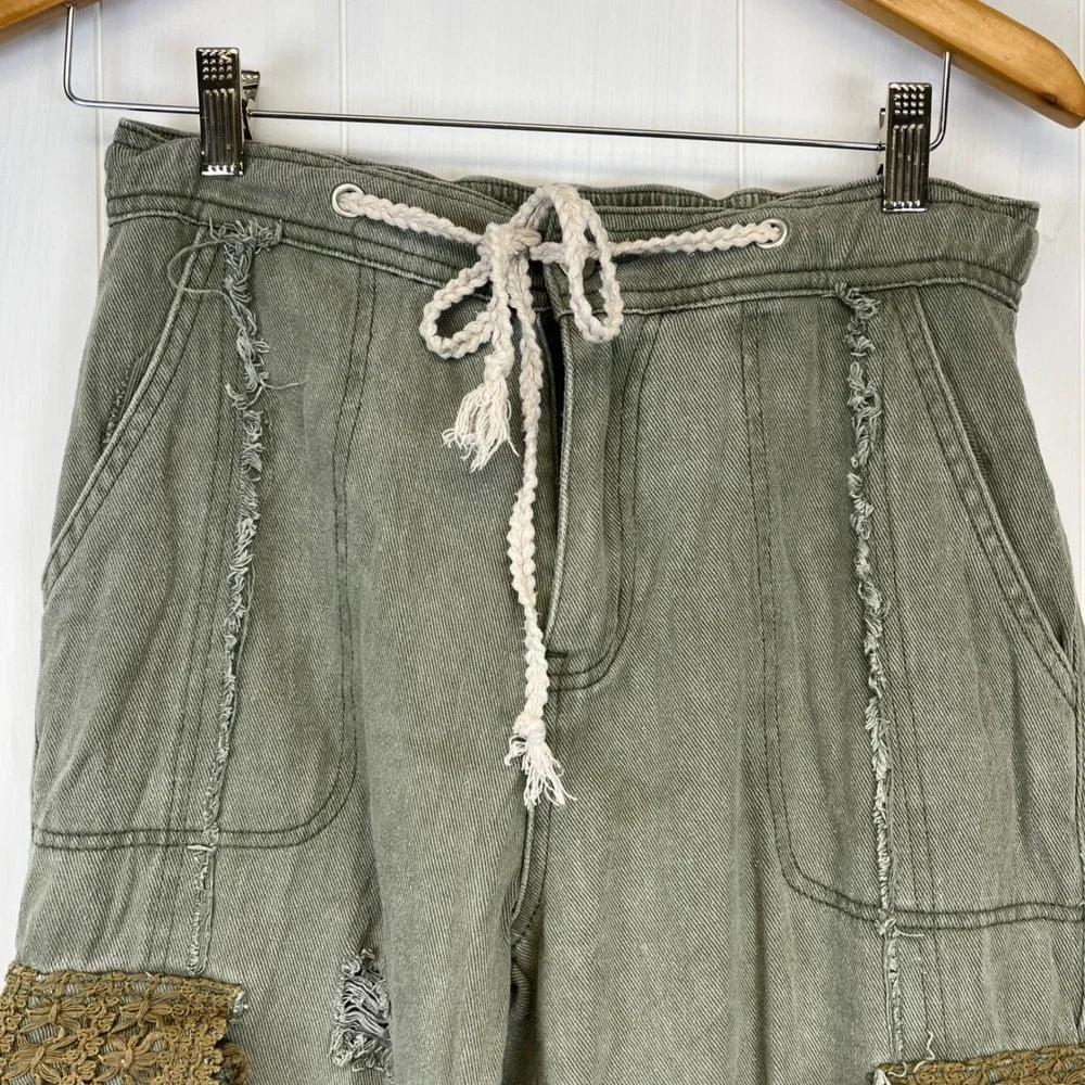 POL Elliot Joggers Small Crochet Lace Distressed Cargo Patch Pants Boho Festival